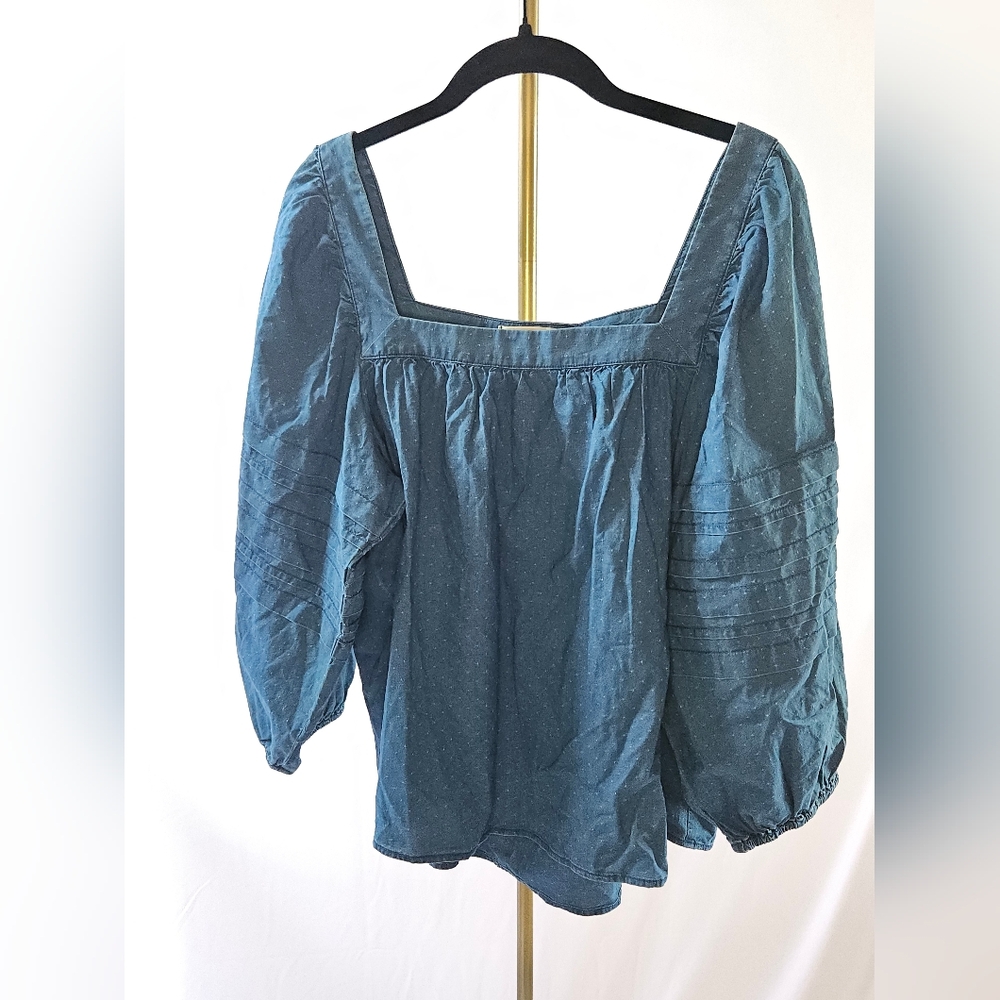 Madewell Denim Square-Neck Pleated Sleeve Boho Chambray Blouse Blue